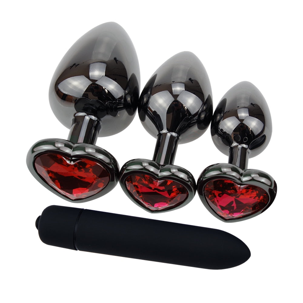 Plating Black Metal Anal Plug Romantic Red Heart Crystal Base Mooth Butt Plug Anal Bead Couple Anus Dilator Metal Ball Massager