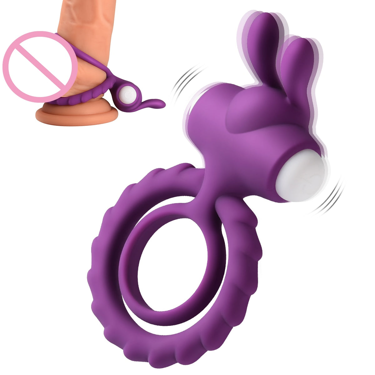 Soft Silicone Dual Vibrating Delay Ejaculation Cock Ring Dick Penis Ring Cockring Adult Sex Toys with Rabbit Ears for Couples