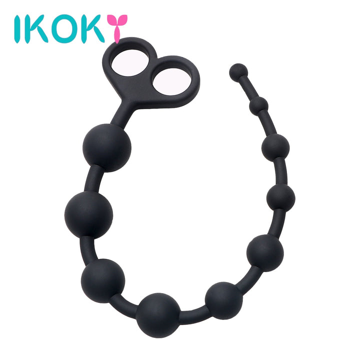 IKOKY Long Anal Beads Silicone Butt Plug for Beginner Black Prostate Massager Anal Plug Sex Toys for Women Men Gay Masturbator