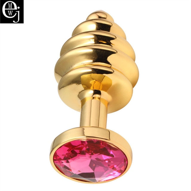 EJMW Gold Color Anal Sex Toys Stainless Steel Butt Plug Metal Anal Plug With Crystal Jewelry Spiral Anal Beads Sex Proudct